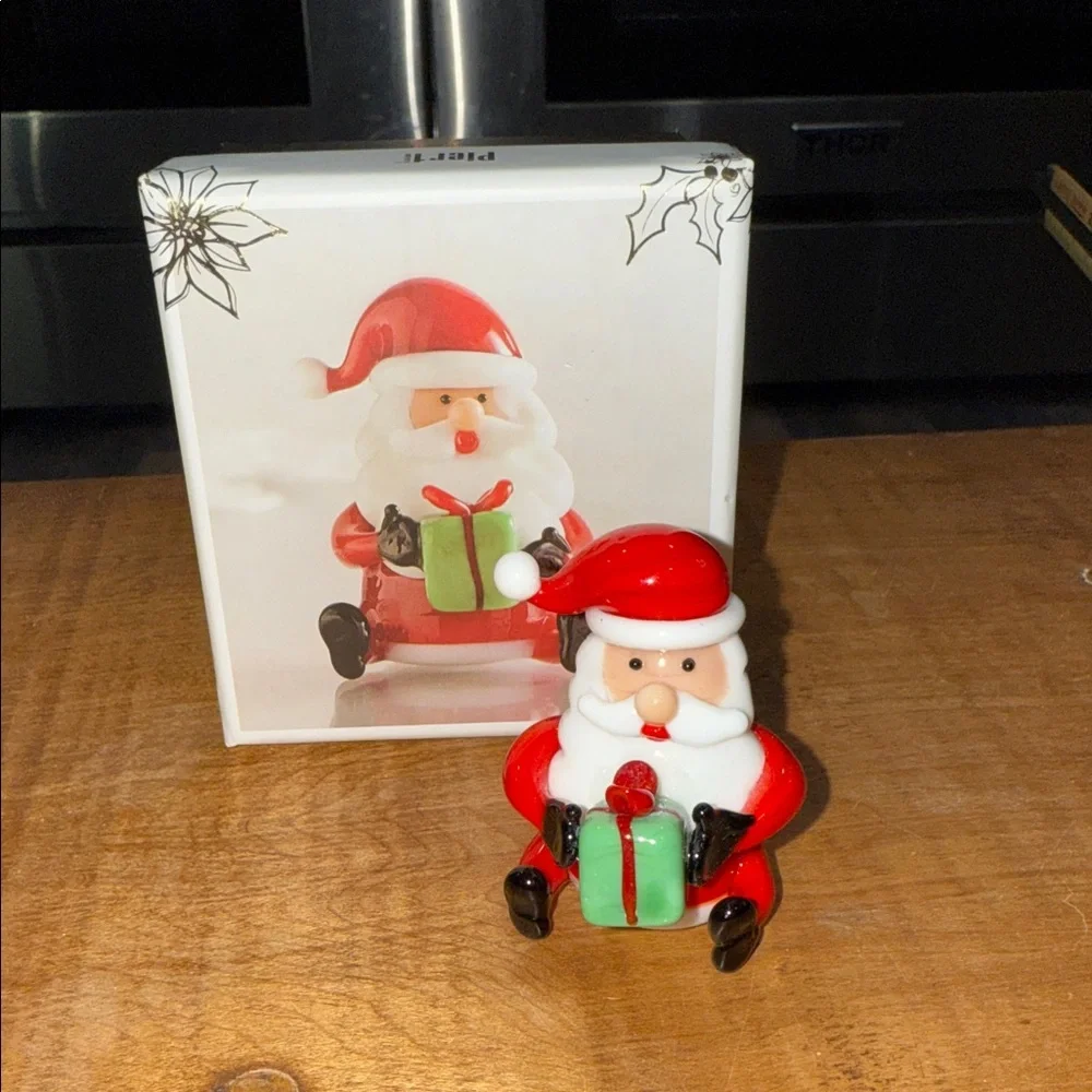 Pier 1 Glass Santa with Gift Box with Red and Green Details